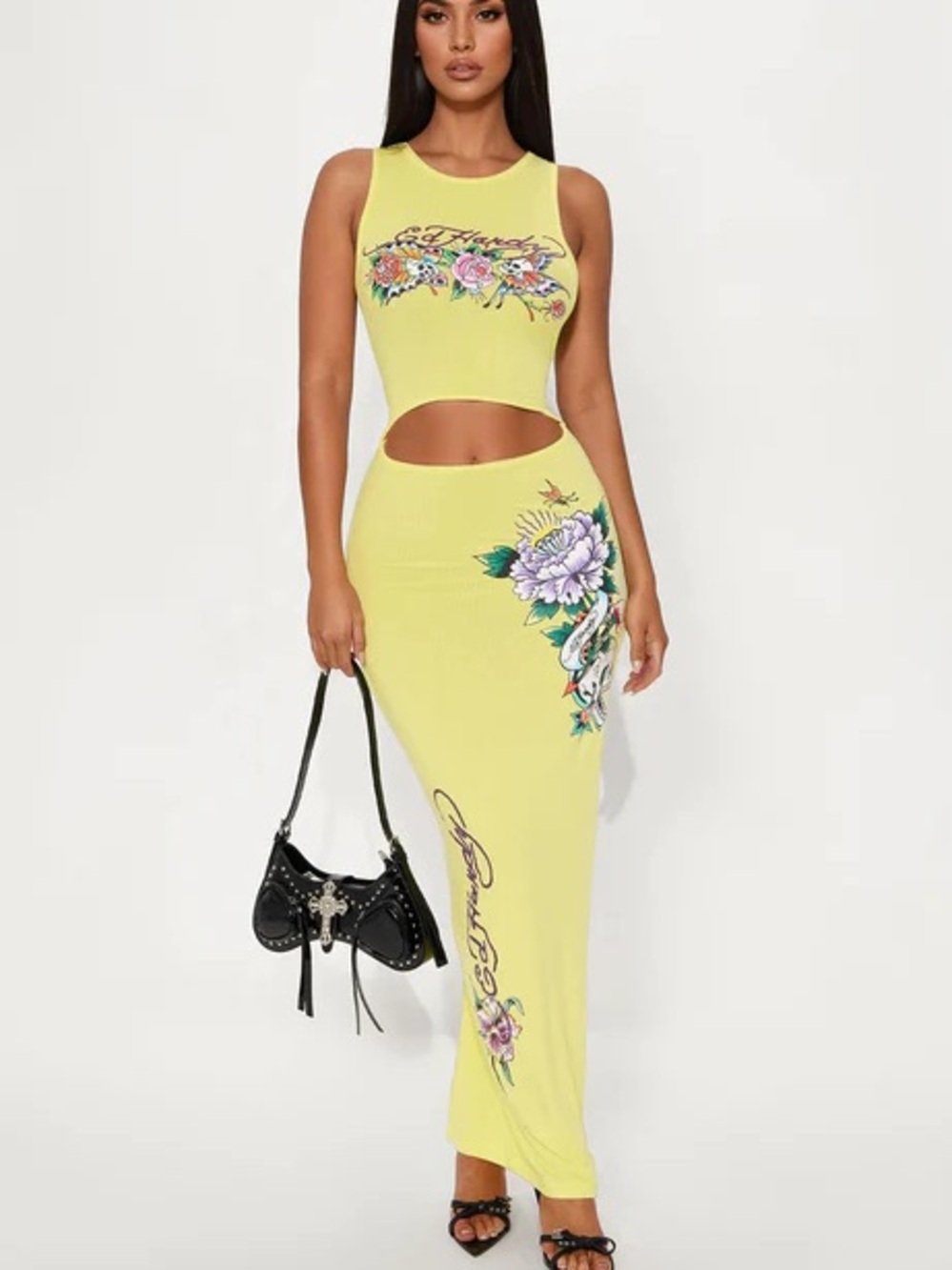 Ed Hardy Skull Flowers Cut Out Midi Dress - Yellow (s)